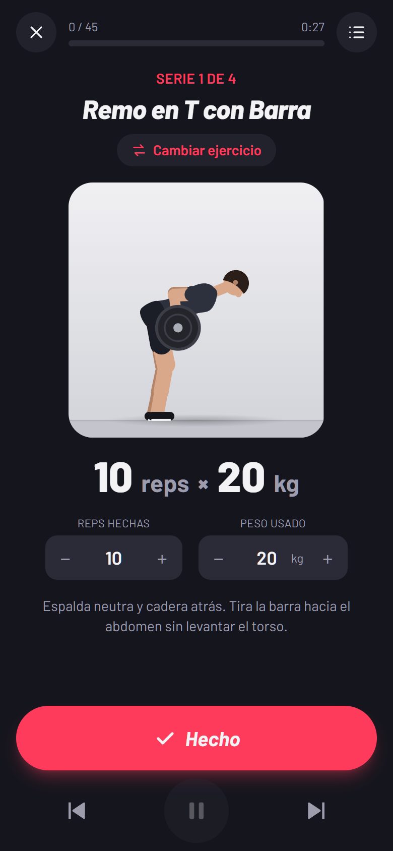 Modo guiado con la animación del ejercicio